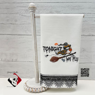 Tonight We Fly, a sweet little witch chickadee on a broom riding through the night sky, embroidered on a white flour sack towel!  