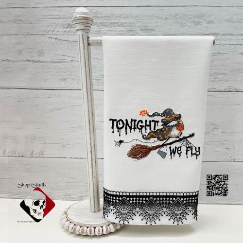 Tonight We Fly, a sweet little witch chickadee on a broom riding through the night sky, embroidered on a white flour sack towel!  