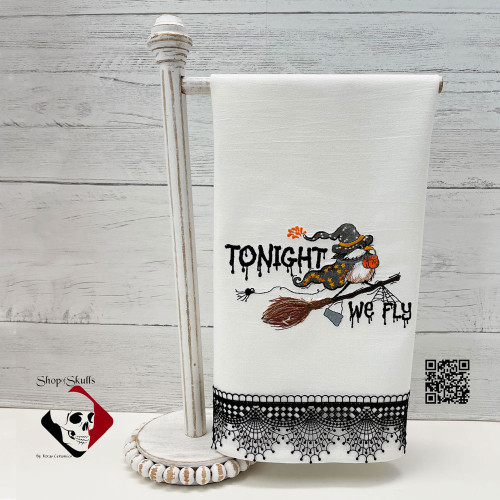 Tonight We Fly, a sweet little witch chickadee on a broom riding through the night sky, embroidered on a white flour sack towel!  