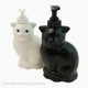 Black or white cat soap dispenser for bath vanity or kitchen counter, made in the USA.