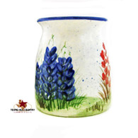 Crock style toothpick holder with hand painted Texas Bluebonnet Wildflowers, Made in Texas, USA.