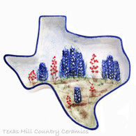 Large size Texas shaped dish with hand painted bluebonnet wildflowers.