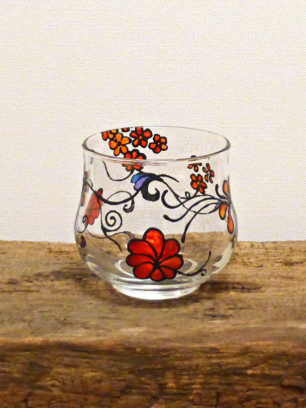 Sold Hand Painted Glass Candle Holder Red Orange Flower