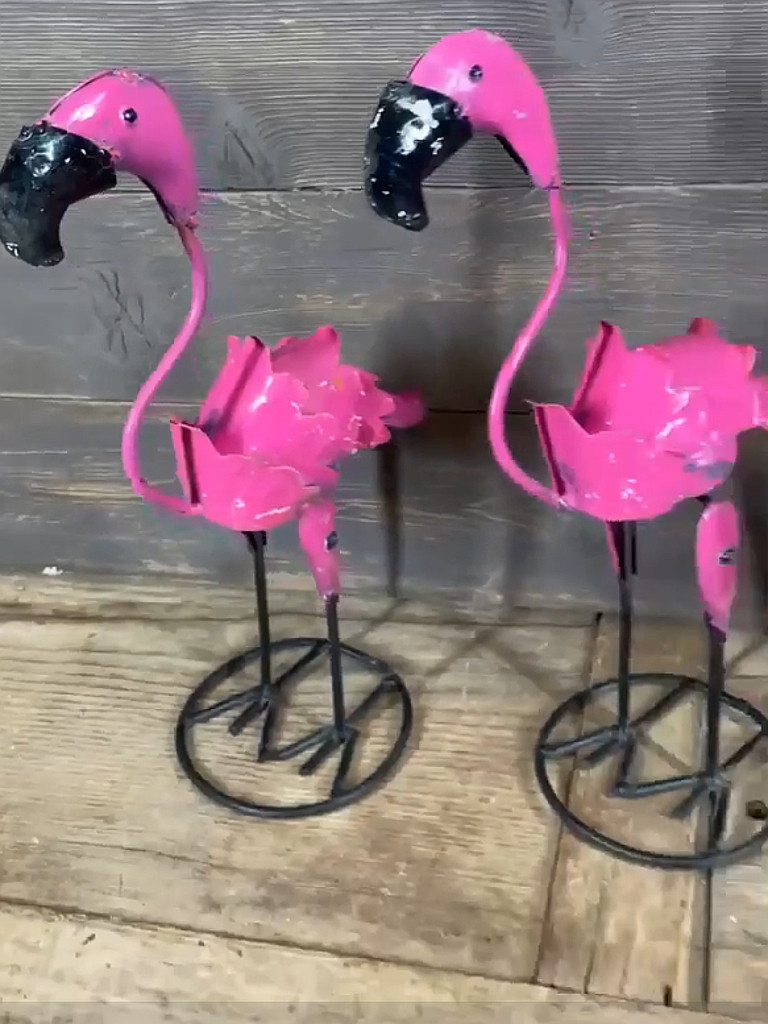 BellaSoleil.com - Reclaimed Metal Pink Flamingo Statue, image size:768x1024