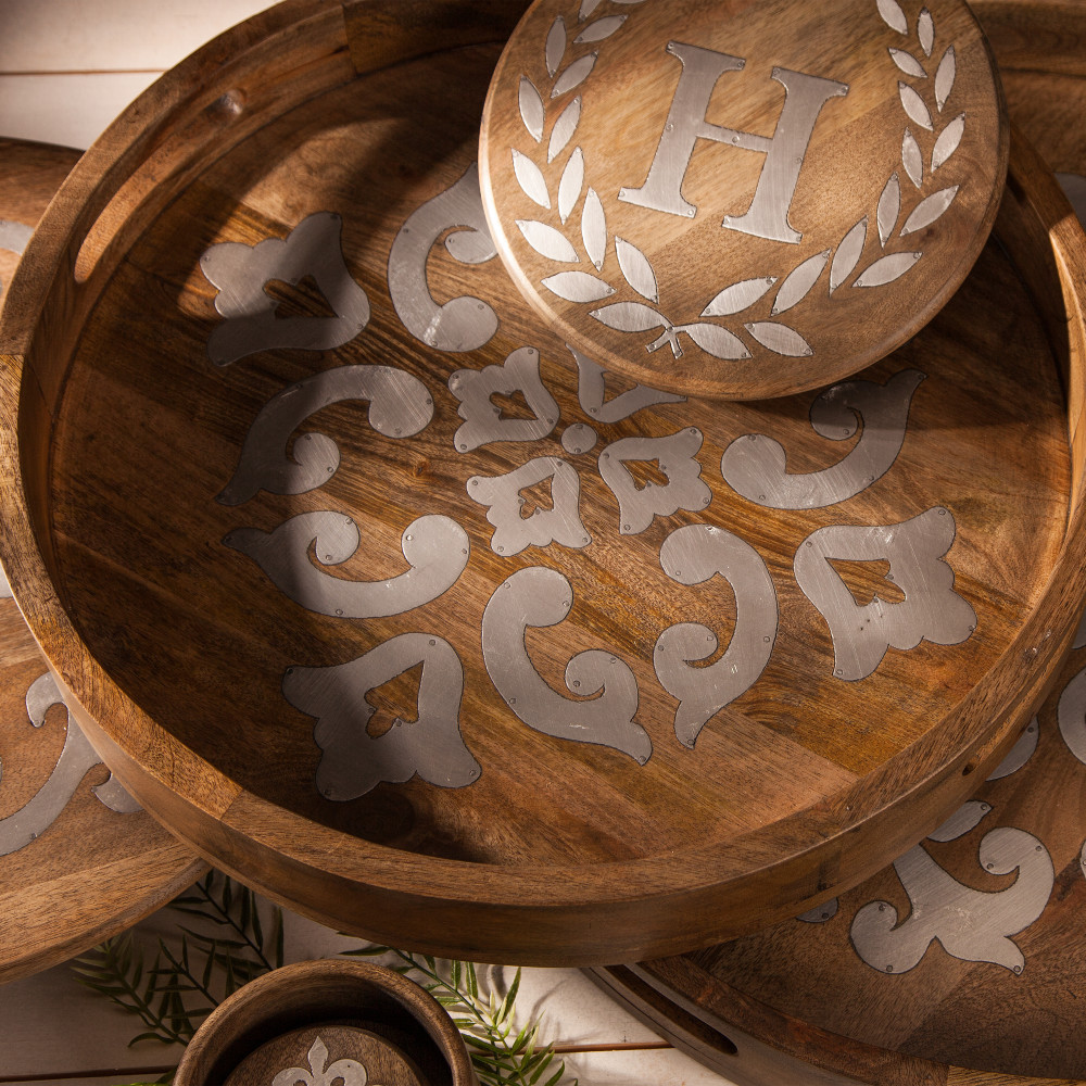 Round wood and metal tray best sale