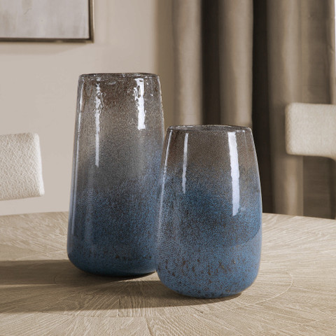 Blue Seeded Glass Vases