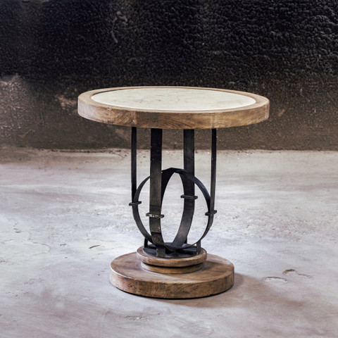 Rustic Stone & Iron Wooden Side Table