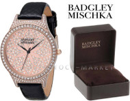 Badgley Mischka BA/1348PKBK Crystal Accented Rose Gold Tone Black Leather Watch