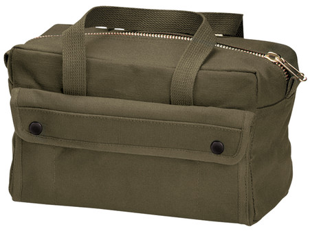 Explore durability with Rothco's Mechanics Tool Bag. Crafted from heavyweight cotton canvas, it features 2 snap pockets outside, 8 tool organizer pockets inside, and a robust brass zipper. Ideal for securing and organizing your tools and more! Made from Rothco’s durable heavyweight canvas fabric, this superior material is naturally water-resistant, rugged, and is built for the long haul. No one comes close to Rothco’s collection of ultra-premium canvas bags and packs.

Heavy-Duty Construction: Field-proven design made of durable heavyweight cotton canvas.
Optimal Organization: Generous main compartment with 8 interior tool organizer pockets.
Quick Access: 2 outside snap pockets for easy retrieval of smaller tools on the go.
Easy Transportation: Carry with convenience using sturdy canvas straps.
Secure Closure: Full-length brass zipper ensures the safety of your tools. Dimensions: 11 inch x 7 inch x 6 inch.