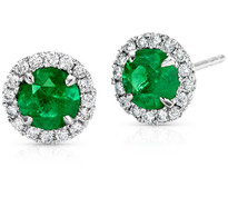 Round Emerald and Diamond Earring in 14k White Gold (5mm - .96ct t.w)