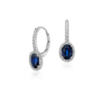 14k White Gold Sapphire and Micropavé Diamond Halo Earrings (7x5 mm)