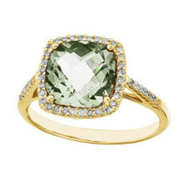 14k Yellow Gold Cushion Cut Green Amethyst and Diamond Ring (3.00ct t.w)