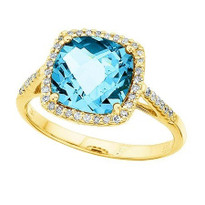14k Yellow Gold Cushion Cut Blue Topaz and Diamond Ring (3.00ct t.w)