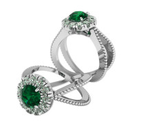 14k White Gold Split Shank  Round Emerald and Daimond Ring (1.40ctw)