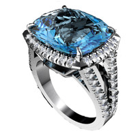 6.40CT Cushion Blue Topaz and Diamond Ring in 14k White Gold(7.05ctw)