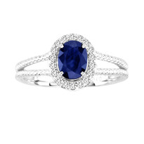 1.16CT Oval Sapphire and Diamond Split Shank ring in 14k White Gold(1.34ctw)