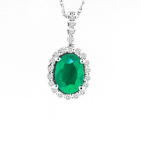 14k White Gold Oval Emerald and Diamond Pendant (1.02ctw)