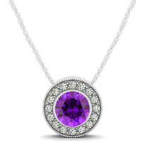 14k White Gold Round Amethyst and Diamond Circle Pendant (.54ctw)