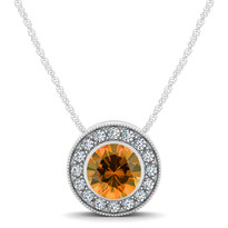 14k White Gold Round Citrine and Diamond Circle Pendant (.54ctw)