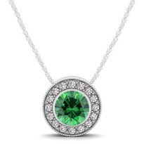 14k White Gold Round Emerald and Diamond Circle Pendant (.62ctw)