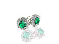 14k White Gold Round Emerald and Diamond Halo Earrings (2.80ctw)