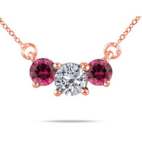 Diamond and Rubellite 3-Stone Necklace in 14K Gold