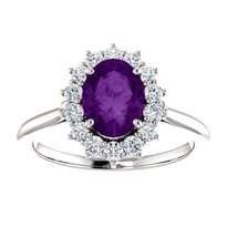Oval Amethyst and Diamond halo Ring in 14k White Gold