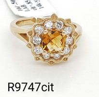 citrin ring with lab diamond 14k yellow gold