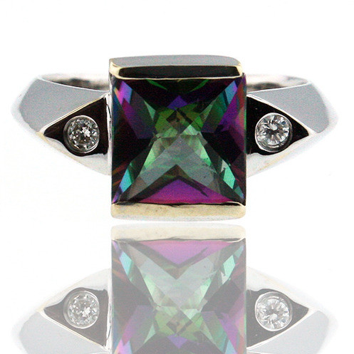 10k White Gold Diamond Mystic Topaz Ring 2.53 ct Emerald Shape 9x7 mm, 1/2  in wide - SilverBlings