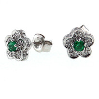 White Gold Flower Emerald Diamond Earrings