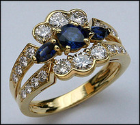 3 Sapphire Gold Ring with 1.21ct F Color Diamonds