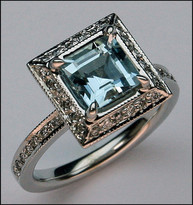 Square Aquamarine Ring with Diamonds, Natural Aquamarine