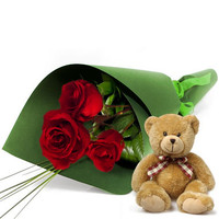 3 Red Roses And Teddy Bear