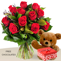 12 Red Rose Bunch With Teddy And FREE Chocolates