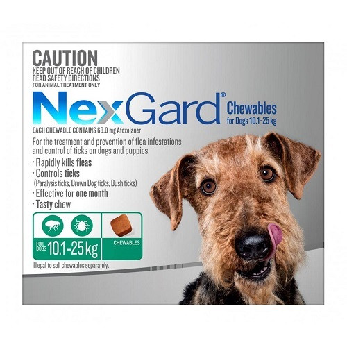 NexGard Flea and Tick treatment in a tasty chew for dogs medium to large 10.1 - 25 kg 6 Pack, FREE SHIPPING
