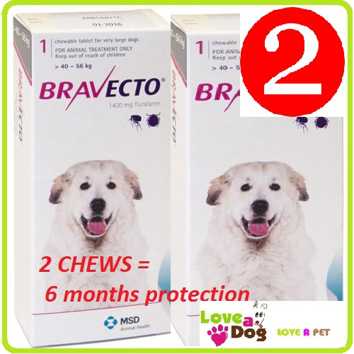 Bravecto Dog/Flea & Tick Treatment in a Tasty Chew 2 x VERY Lge DOG 4056kg Love A Dog