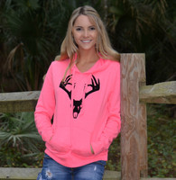 Neon Pink pullover hoodie with black velvet deer skull