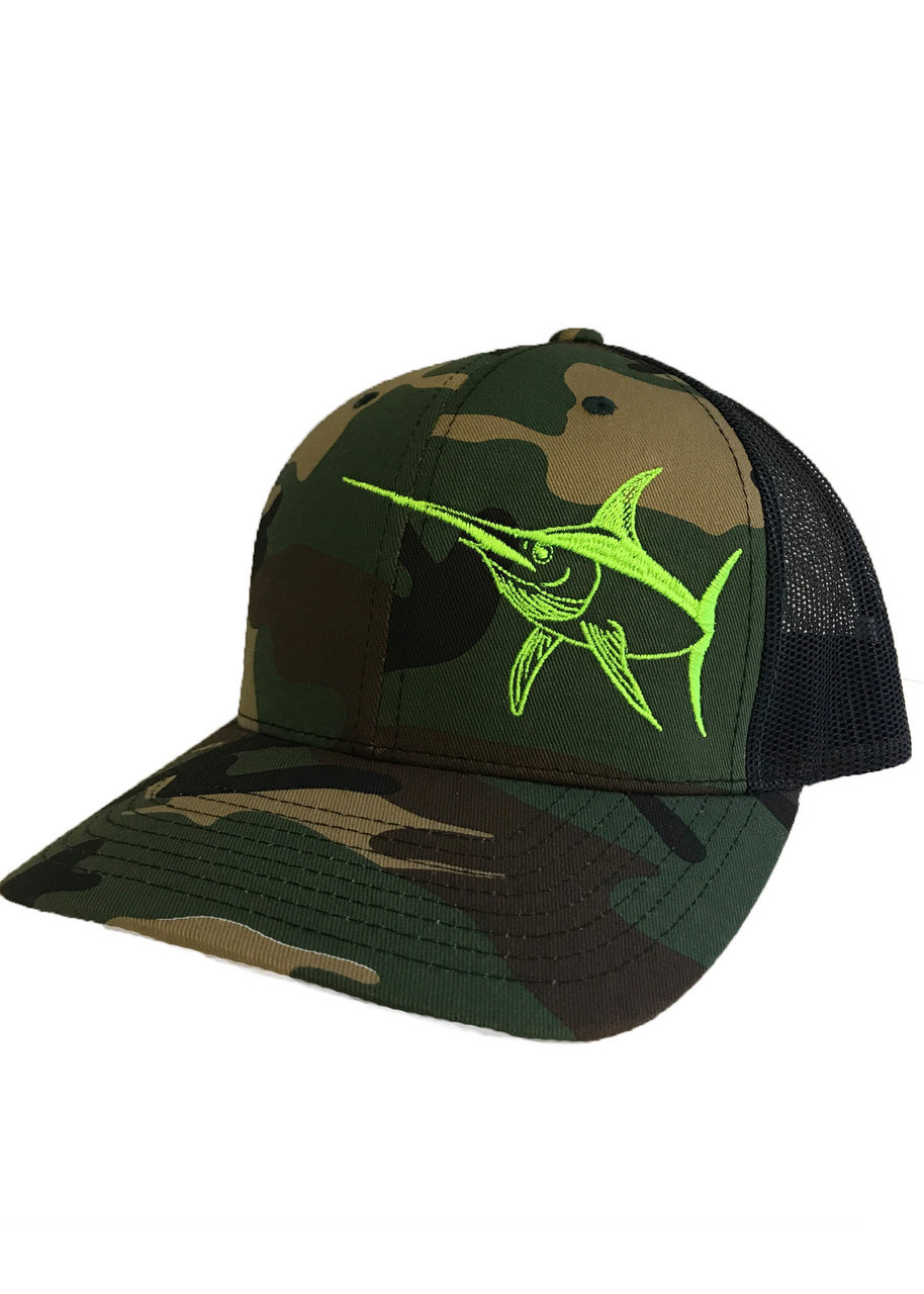 Mens camo mesh snapback hat with Neon Green Swordfish - Sporty