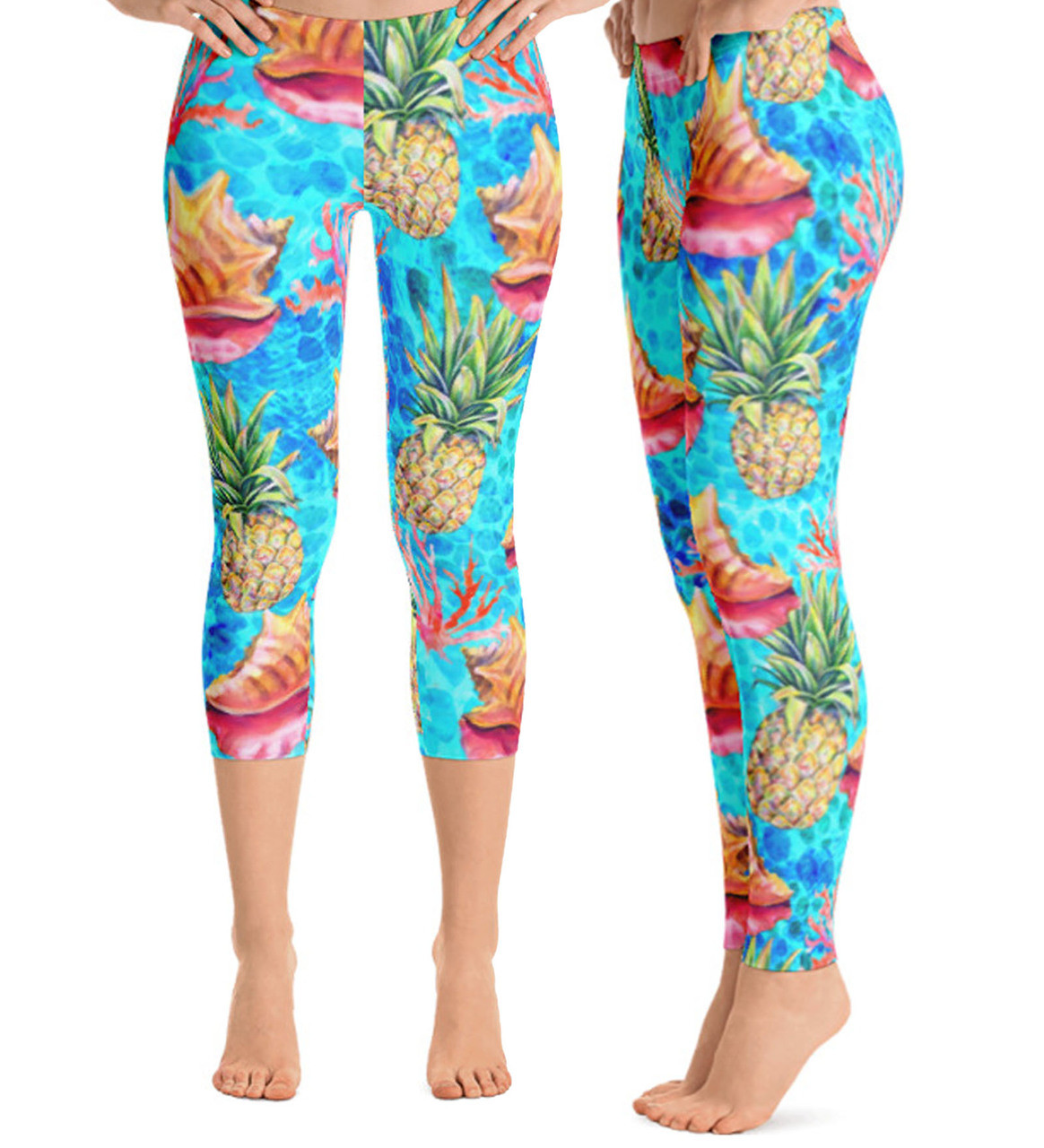 Reef Fish scene wTaste the tropics on this pineapple conch shell and coral  leggings ith conch shell, spiny lobster, hogfish, mutton, snapper  yellowtail and sea-turtle ocean leggings spear fishing leggings