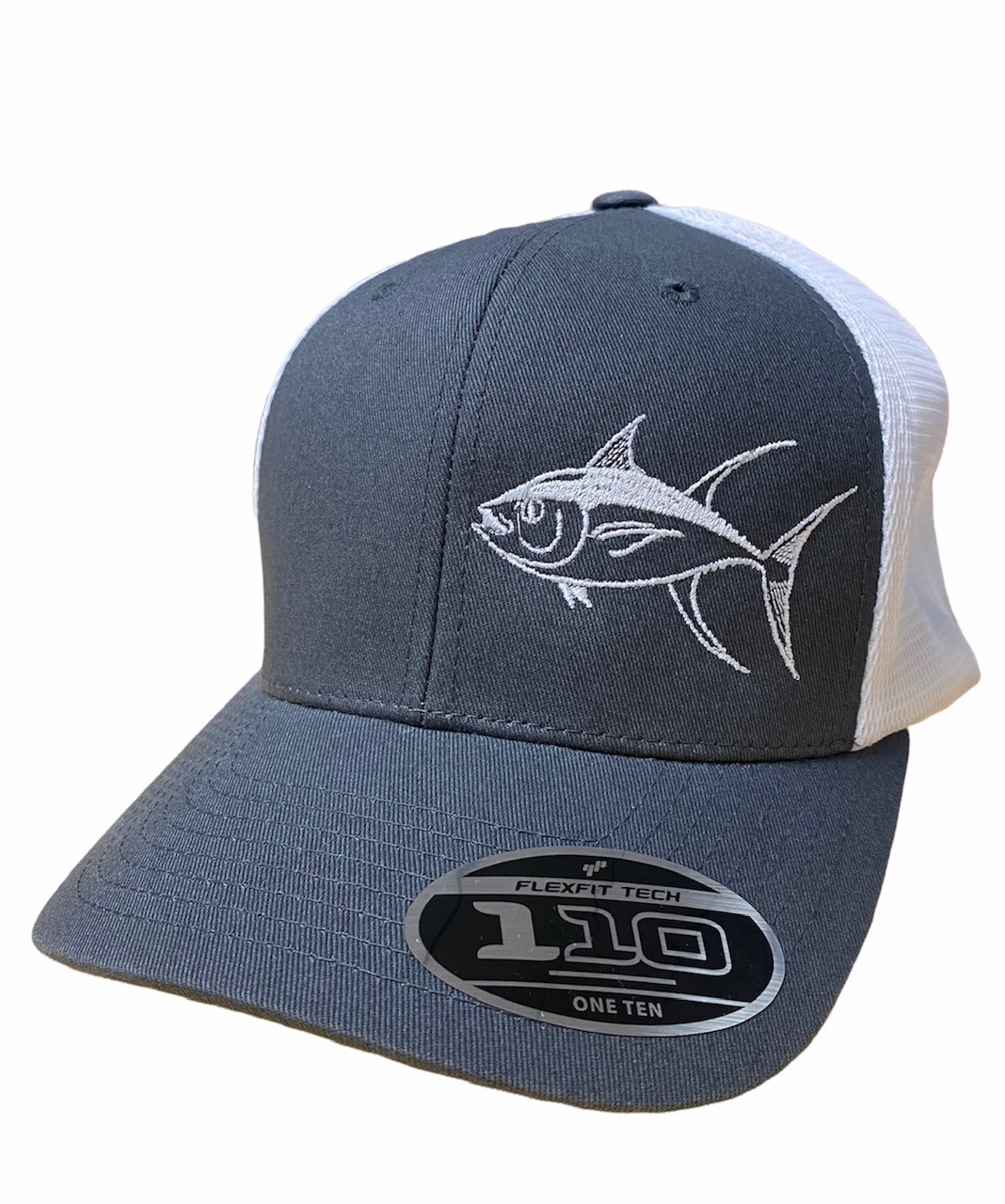 Charcoal grey and White Tuna Mesh with fishing Back adjustable flex band hat