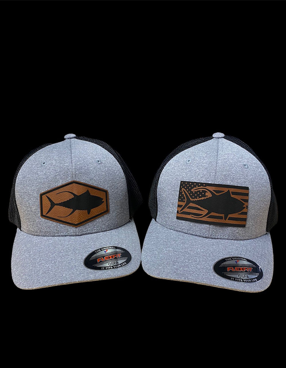 Mens gray with black mesh flex fit leather patch tuna hat or leather patch  tuna with american flag hat fishing hats or caps-made for fisherman