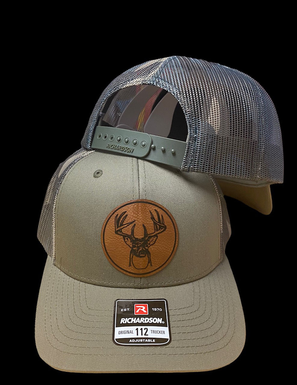 Light green with camo mesh back LEATHER BUCK HEAD patch SNAPBACK hat