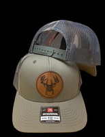 Light green with camo mesh back  LEATHER  BUCK HEAD patch SNAPBACK hat