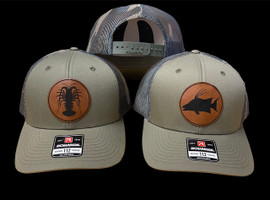 LOBSTER OR HOGFISH Light green with camo mesh back  LEATHER patch SNAPBACK hat
