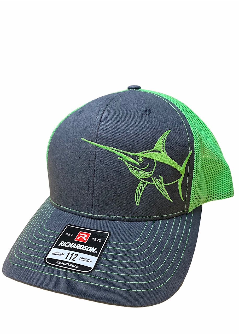 Mens Grey and neon green Snapback mesh back Swordfish hat