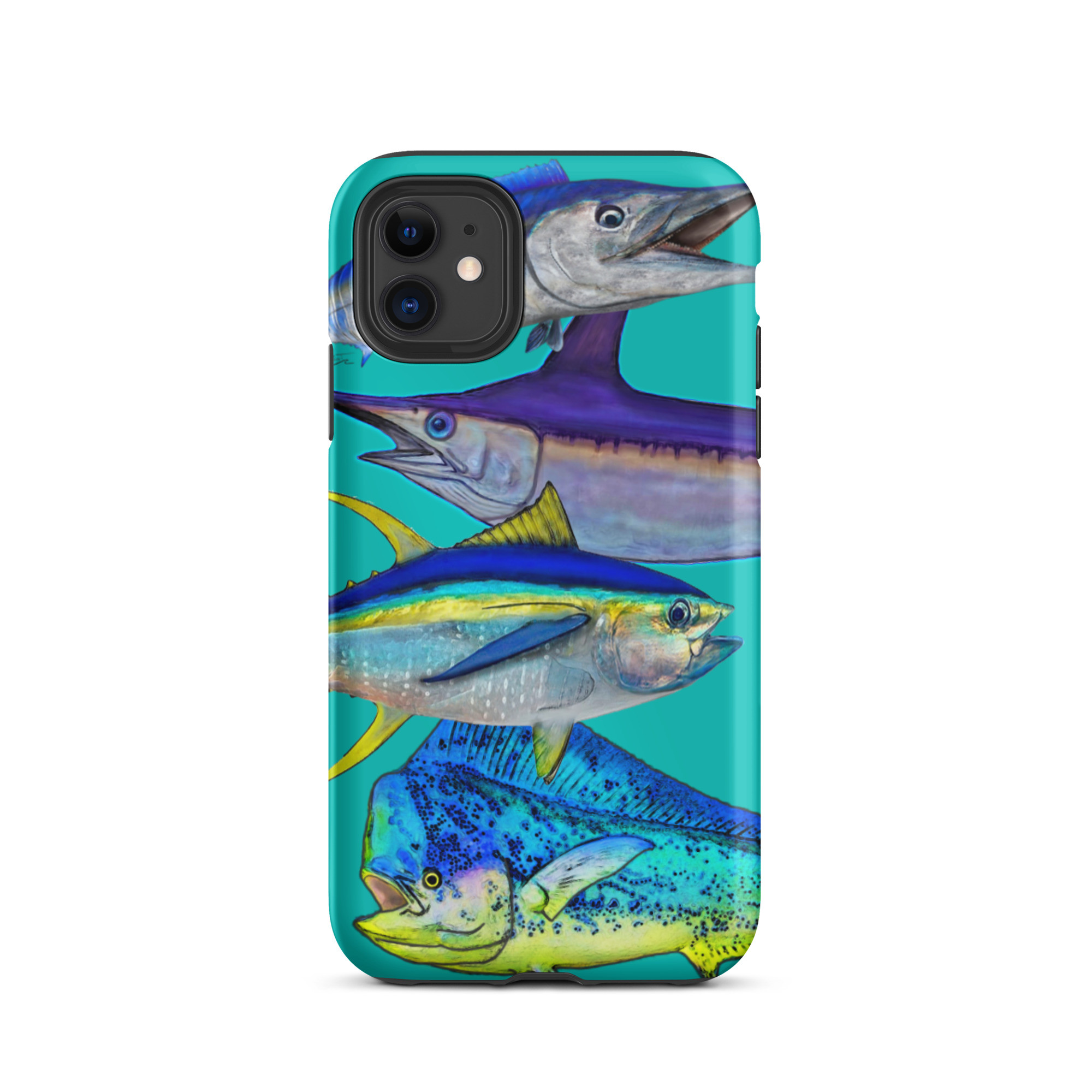 teal background mix fish Tough iPhone case - Sporty Girl Apparel