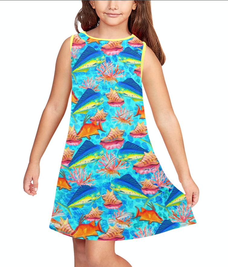 little girls kids nautical dress with lighthouse palm tree sailfish seaturle octopus seahorse coral blue crab compass