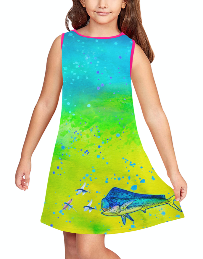 little girls kids nautical dress with lighthouse palm tree sailfish,  seaturle, octopus, seahorse, coral blue crab, compass