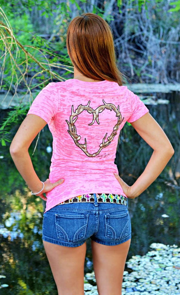 Fashionable neon pink heart antler burnout shirt
