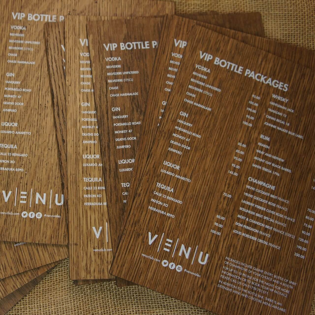 Cam Graphic wooden printed menus ideal for corporate and promotional events